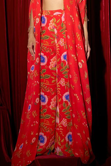 Buy Brinda Sneha Red Chiffon, Crepe Crystals Sweetheart Neck Floral Cape Set With Printed Pants Online at Aza Fashions Buy_Brinda Sneha_Red Chiffon, Crepe Crystals Sweetheart Neck Floral Cape Set With Printed Pants _Online_at_Aza_Fashions