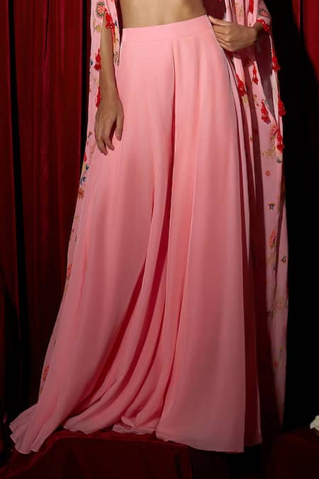 Brinda Sneha Pink Chiffon, Crepe Crystals Sweetheart Floral Cape Set With Bustier And Pants Online at Aza Fashions Brinda Sneha_Pink Chiffon, Crepe Crystals Sweetheart Floral Cape Set With Bustier And Pants _Online_at_Aza_Fashions