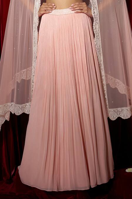 Brinda Sneha_Pink Chiffon, Net Embroidery, Crystals, Pearls Ruched Lehenga Set With Blouse _Online_at_Aza_Fashions