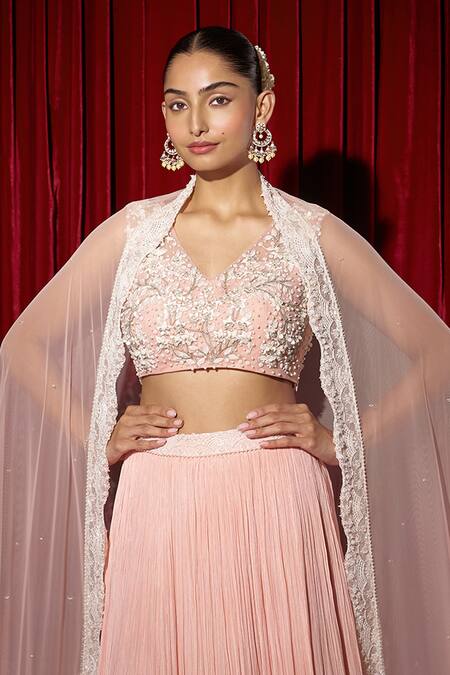 Buy_Brinda Sneha_Pink Chiffon, Net Embroidery, Crystals, Pearls Ruched Lehenga Set With Blouse _Online_at_Aza_Fashions