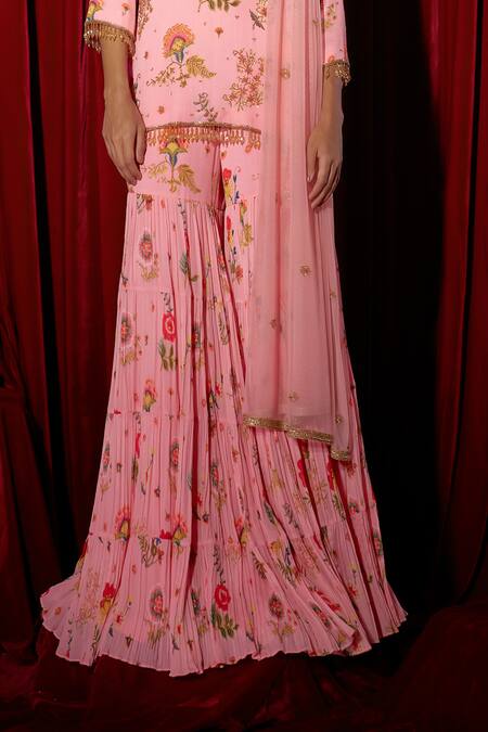 Buy_Brinda Sneha_Pink Net, Chiffon Embroidery, Crystals Round Neck Sharara Set _Online_at_Aza_Fashions
