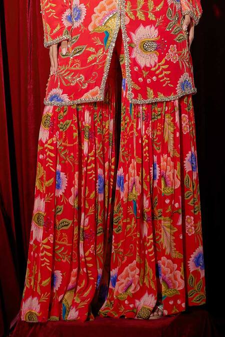 Brinda Sneha_Red Crepe Embroidery, Crystals Round Neck Jacket Sharara Set _Online_at_Aza_Fashions