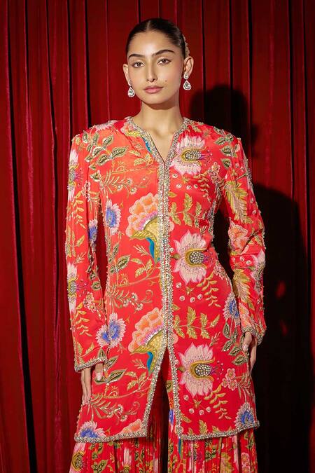 Buy_Brinda Sneha_Red Crepe Embroidery, Crystals Round Neck Jacket Sharara Set _Online_at_Aza_Fashions