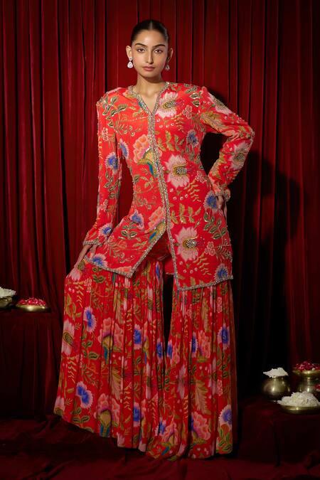 Shop_Brinda Sneha_Red Crepe Embroidery, Crystals Round Neck Jacket Sharara Set _Online_at_Aza_Fashions