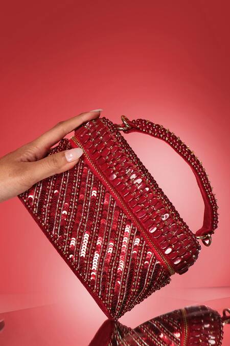 Forever Noor Red Stones, Sequins Pearl Cube Handbag Online at Aza Fashions Forever Noor_Red Stones, Sequins Pearl Cube Handbag _Online_at_Aza_Fashions