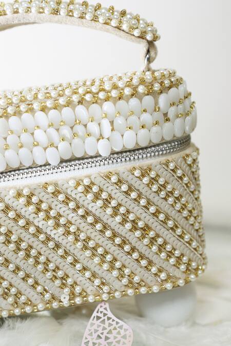 Forever Noor_White Stones, Sequins, Beads Pearl Cube Handbag _Online_at_Aza_Fashions