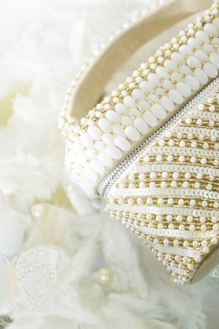 Buy_Forever Noor_White Stones, Sequins, Beads Pearl Cube Handbag _Online_at_Aza_Fashions