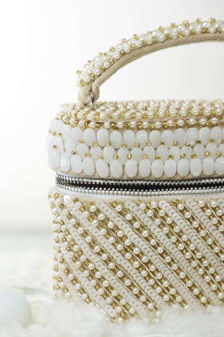 Shop_Forever Noor_White Stones, Sequins, Beads Pearl Cube Handbag _Online_at_Aza_Fashions