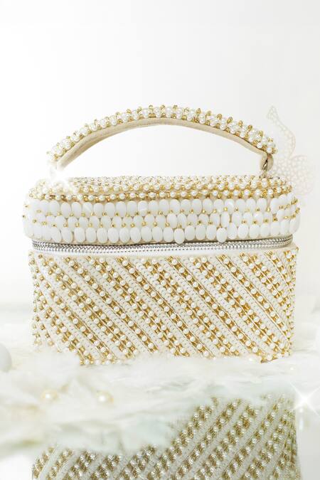 Forever Noor_White Stones, Sequins, Beads Pearl Cube Handbag _at_Aza_Fashions