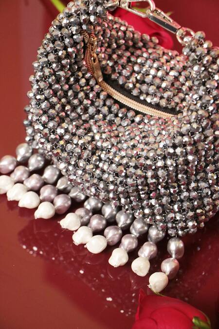 Forever Noor_Gray Crystals, Pearls Embellished Boat-shaped Handbag _Online_at_Aza_Fashions
