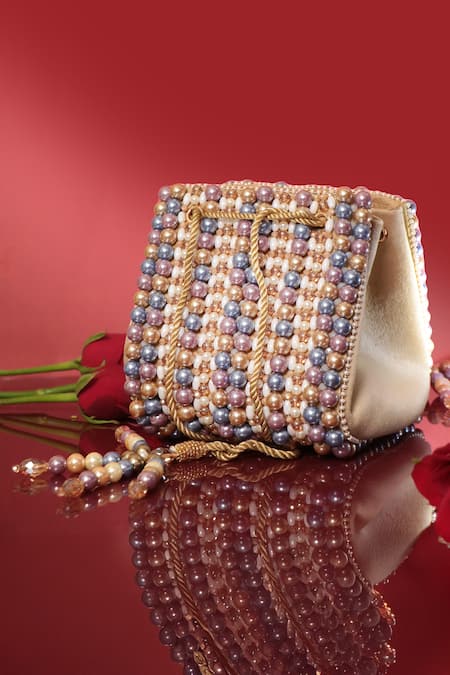 Forever Noor Beige Suede Beaded Drawstring Handbag 