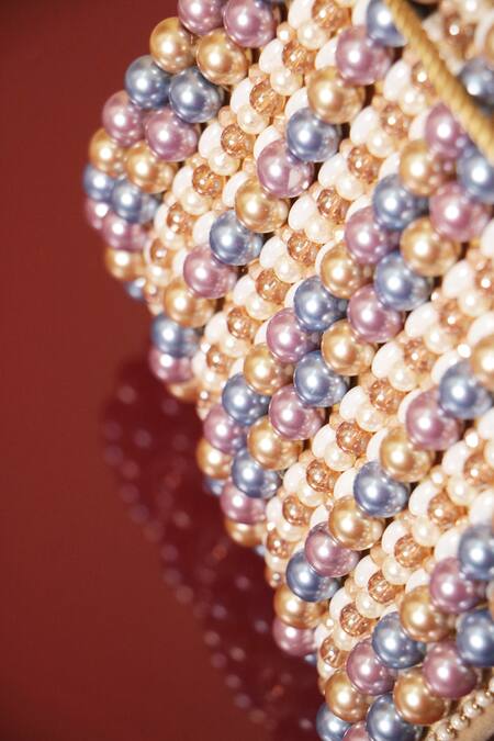 Forever Noor_Beige Beads, Pearls Suede Beaded Drawstring Handbag _Online_at_Aza_Fashions