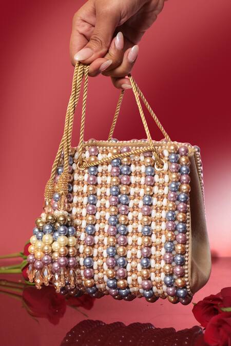 Buy_Forever Noor_Beige Beads, Pearls Suede Beaded Drawstring Handbag _Online_at_Aza_Fashions