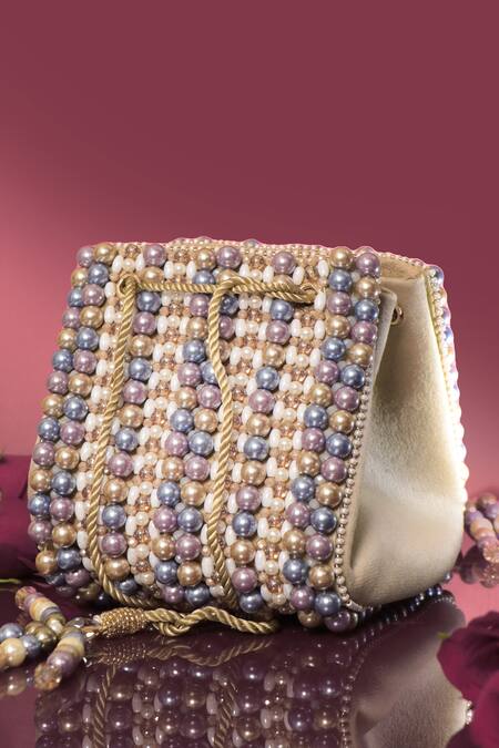 Forever Noor_Beige Beads, Pearls Suede Beaded Drawstring Handbag _at_Aza_Fashions