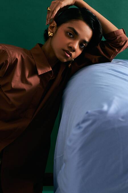 Buy OFRIDA Brown Cotton Embroidery Collared Mocha Anti-fit Shirt Online at Aza Fashions Buy_OFRIDA_Brown Cotton Embroidery Collared Mocha Anti-fit Shirt _Online_at_Aza_Fashions