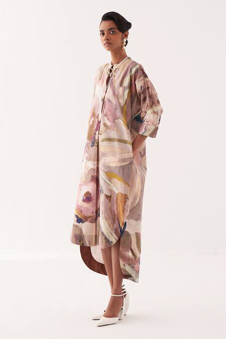 OFRIDA_Multi Color Cotton Embroidery Hand-painted Abstract Midi Dress_Online_at_Aza_Fashions