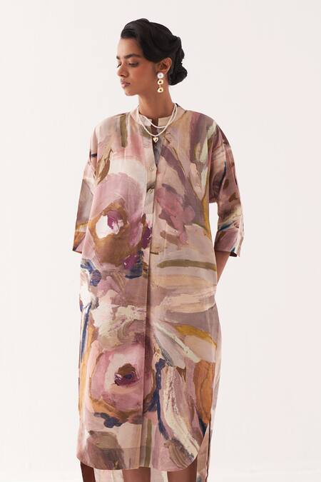 Buy_OFRIDA_Multi Color Cotton Embroidery Hand-painted Abstract Midi Dress_Online_at_Aza_Fashions