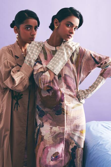 OFRIDA_Multi Color Cotton Embroidery Hand-painted Abstract Midi Dress_at_Aza_Fashions