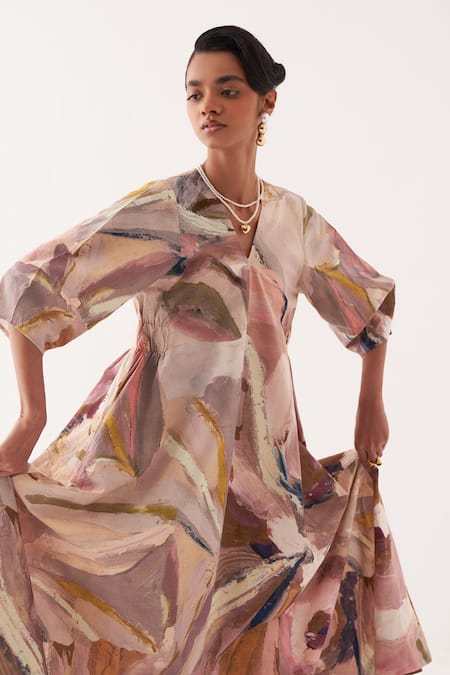 OFRIDA Multi Color Cotton V-neck A Line Printed Dress Online at Aza Fashions OFRIDA_Multi Color Cotton V-neck A Line Printed Dress _Online_at_Aza_Fashions