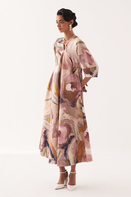 Buy OFRIDA Multi Color Cotton V-neck A Line Printed Dress Online at Aza Fashions Buy_OFRIDA_Multi Color Cotton V-neck A Line Printed Dress _Online_at_Aza_Fashions