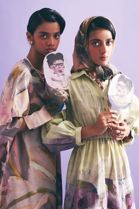 Shop OFRIDA Multi Color Cotton V-neck A Line Printed Dress Online at Aza Fashions Shop_OFRIDA_Multi Color Cotton V-neck A Line Printed Dress _Online_at_Aza_Fashions