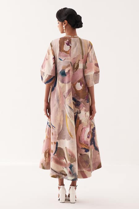 Shop OFRIDA Multi Color Cotton V-neck A Line Printed Dress at Aza Fashions Shop_OFRIDA_Multi Color Cotton V-neck A Line Printed Dress _at_Aza_Fashions