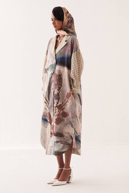 OFRIDA_Multi Color Cotton Embroidery Collared Frida Hand-painted Trench Dress _Online_at_Aza_Fashions