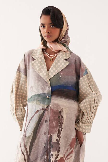 Buy_OFRIDA_Multi Color Cotton Embroidery Collared Frida Hand-painted Trench Dress _Online_at_Aza_Fashions