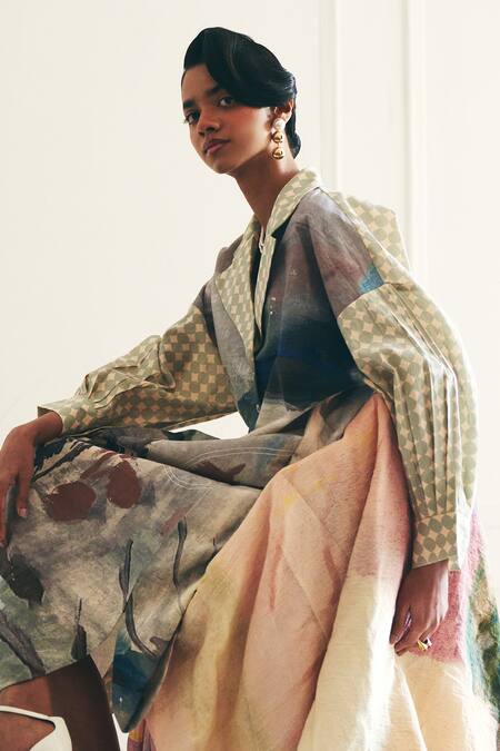 Shop_OFRIDA_Multi Color Cotton Embroidery Collared Frida Hand-painted Trench Dress _Online_at_Aza_Fashions