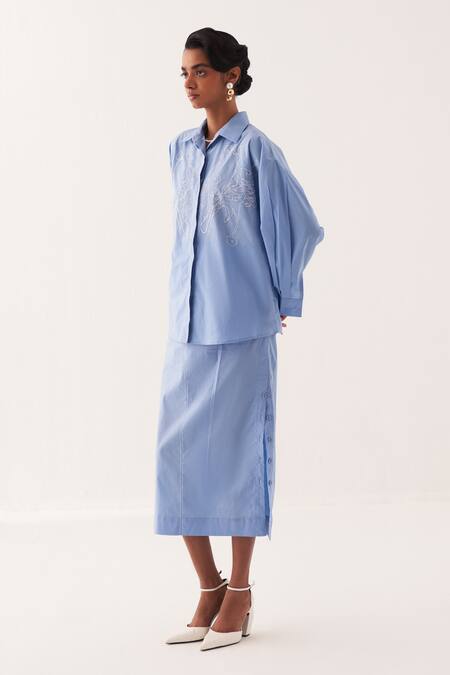 OFRIDA_Blue Cotton Embroidery Collared Sky Fleur Anti-fit Shirt_Online_at_Aza_Fashions