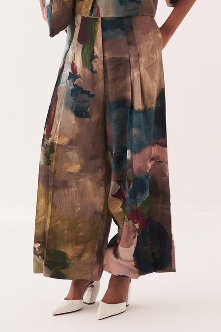 OFRIDA Multi Color Cotton Hand-painted Abstract Flared Pants Online at Aza Fashions OFRIDA_Multi Color Cotton Hand-painted Abstract Flared Pants _Online_at_Aza_Fashions