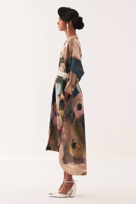 OFRIDA_Multi Color Cotton Embroidery Mandarin Collar Amelia Batwing Midi Dress_Online_at_Aza_Fashions