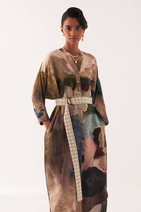 Shop_OFRIDA_Multi Color Cotton Embroidery Mandarin Collar Amelia Batwing Midi Dress_Online_at_Aza_Fashions