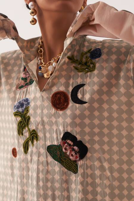 Shop OFRIDA Multi Color Cotton Beads, Applique V-neck, Hand-painted Abstract Midi Dress Online at Aza Fashions Shop_OFRIDA_Multi Color Cotton Beads, Applique V-neck, Hand-painted Abstract Midi Dress _Online_at_Aza_Fashions