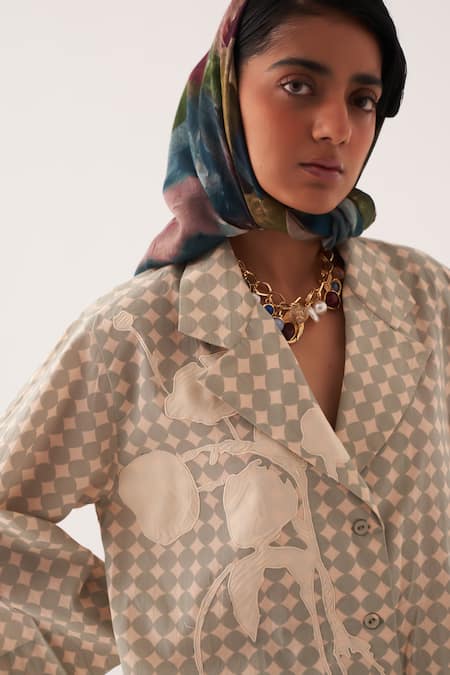 Shop OFRIDA Multi Color Cotton Applique, Embroidery Collared Cuboid Shacket Online at Aza Fashions Shop_OFRIDA_Multi Color Cotton Applique, Embroidery Collared Cuboid Shacket _Online_at_Aza_Fashions