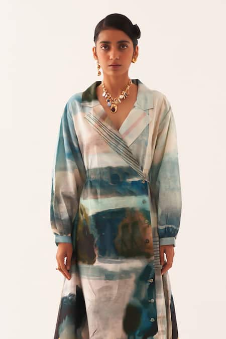 OFRIDA Multi Color Cotton Embroidery Collared A Line Printed Dress Online at Aza Fashions OFRIDA_Multi Color Cotton Embroidery Collared A Line Printed Dress _Online_at_Aza_Fashions