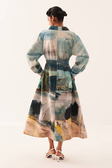 Shop OFRIDA Multi Color Cotton Embroidery Collared A Line Printed Dress at Aza Fashions Shop_OFRIDA_Multi Color Cotton Embroidery Collared A Line Printed Dress _at_Aza_Fashions