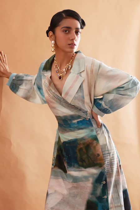 Shop OFRIDA Multi Color Cotton Embroidery Collared A Line Printed Dress Online at Aza Fashions Shop_OFRIDA_Multi Color Cotton Embroidery Collared A Line Printed Dress _Online_at_Aza_Fashions