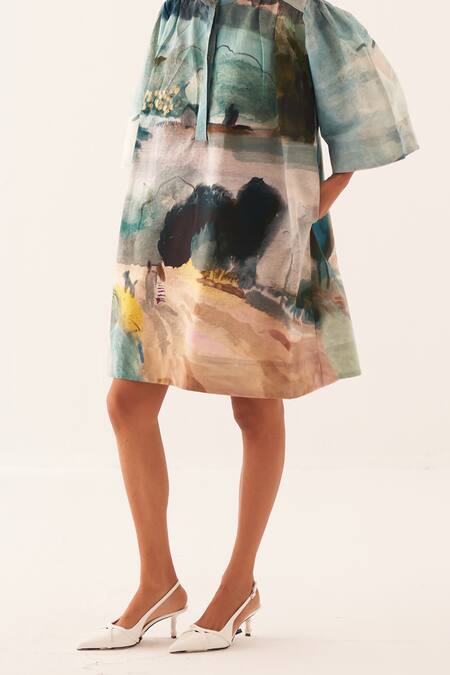 OFRIDA Multi Color Cotton Mandarin Collar Hand-painted Abstract Expressionist Dress Online at Aza Fashions OFRIDA_Multi Color Cotton Mandarin Collar Hand-painted Abstract Expressionist Dress _Online_at_Aza_Fashions