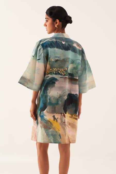 Shop OFRIDA Multi Color Cotton Mandarin Collar Hand-painted Abstract Expressionist Dress at Aza Fashions Shop_OFRIDA_Multi Color Cotton Mandarin Collar Hand-painted Abstract Expressionist Dress _at_Aza_Fashions