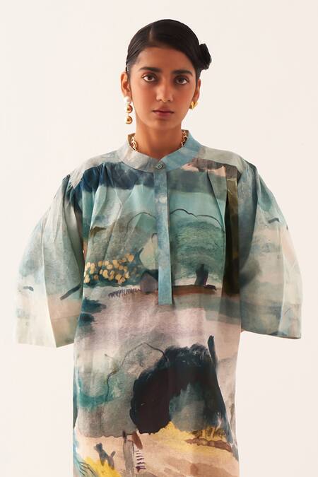 Buy OFRIDA Multi Color Cotton Mandarin Collar Hand-painted Abstract Expressionist Dress Online at Aza Fashions Buy_OFRIDA_Multi Color Cotton Mandarin Collar Hand-painted Abstract Expressionist Dress _Online_at_Aza_Fashions