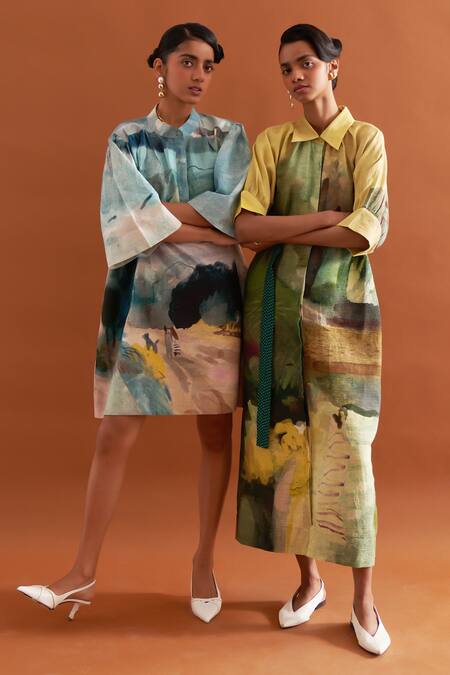 Shop OFRIDA Multi Color Cotton Mandarin Collar Hand-painted Abstract Expressionist Dress Online at Aza Fashions Shop_OFRIDA_Multi Color Cotton Mandarin Collar Hand-painted Abstract Expressionist Dress _Online_at_Aza_Fashions