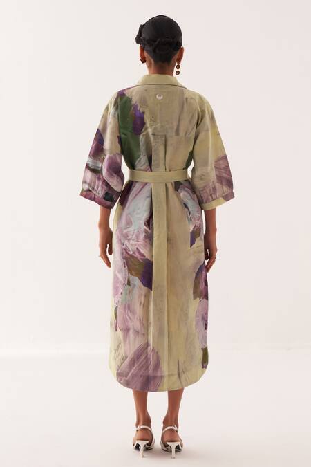 Shop OFRIDA Multi Color Cotton Embroidery Collared Pista Bloom Anti-fit Trench Dress at Aza Fashions Shop_OFRIDA_Multi Color Cotton Embroidery Collared Pista Bloom Anti-fit Trench Dress _at_Aza_Fashions