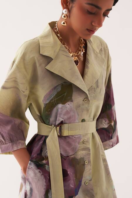 Shop OFRIDA Multi Color Cotton Embroidery Collared Pista Bloom Anti-fit Trench Dress Online at Aza Fashions Shop_OFRIDA_Multi Color Cotton Embroidery Collared Pista Bloom Anti-fit Trench Dress _Online_at_Aza_Fashions