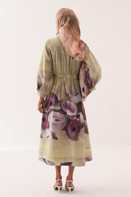 Shop OFRIDA Multi Color Cotton Embroidery V-neck, Collared Pista Bloom Aline Dress at Aza Fashions Shop_OFRIDA_Multi Color Cotton Embroidery V-neck, Collared Pista Bloom Aline Dress _at_Aza_Fashions