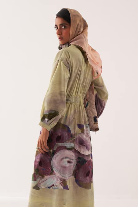 OFRIDA Multi Color Cotton Embroidery V-neck, Collared Pista Bloom Aline Dress Online at Aza Fashions OFRIDA_Multi Color Cotton Embroidery V-neck, Collared Pista Bloom Aline Dress _Online_at_Aza_Fashions