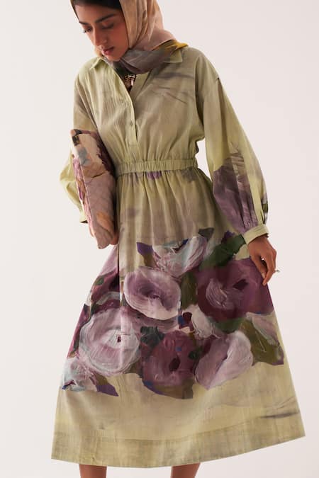 Buy OFRIDA Multi Color Cotton Embroidery V-neck, Collared Pista Bloom Aline Dress Online at Aza Fashions Buy_OFRIDA_Multi Color Cotton Embroidery V-neck, Collared Pista Bloom Aline Dress _Online_at_Aza_Fashions