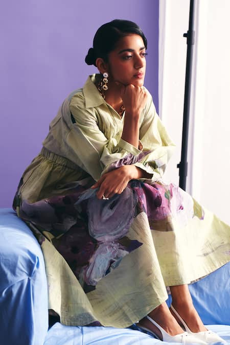 Shop OFRIDA Multi Color Cotton Embroidery V-neck, Collared Pista Bloom Aline Dress Online at Aza Fashions Shop_OFRIDA_Multi Color Cotton Embroidery V-neck, Collared Pista Bloom Aline Dress _Online_at_Aza_Fashions