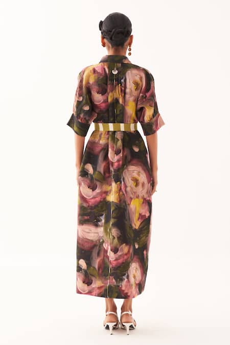 Shop OFRIDA Multi Color Embroidery Collared Romani Brunch Midi Dress at Aza Fashions Shop_OFRIDA_Multi Color Embroidery Collared Romani Brunch Midi Dress_at_Aza_Fashions