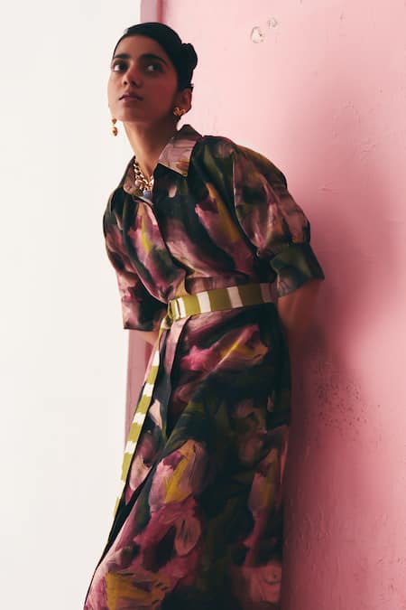 Buy OFRIDA Multi Color Embroidery Collared Romani Brunch Midi Dress Online at Aza Fashions Buy_OFRIDA_Multi Color Embroidery Collared Romani Brunch Midi Dress_Online_at_Aza_Fashions